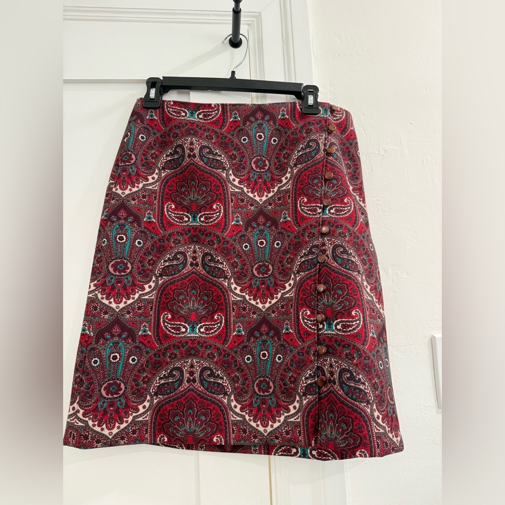 Talbots petites multicolored patterned midi skirt with decorative side buttons